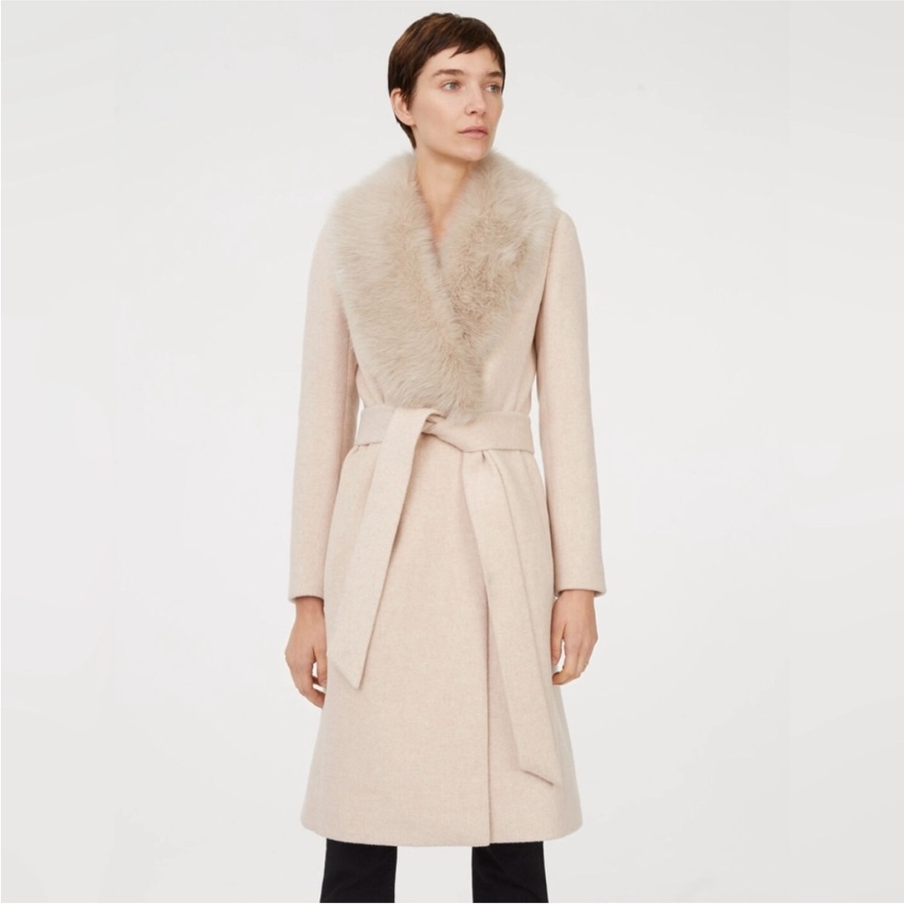 Club Monaco Long Wool Cream Winter Coat, Faux Fur Collar